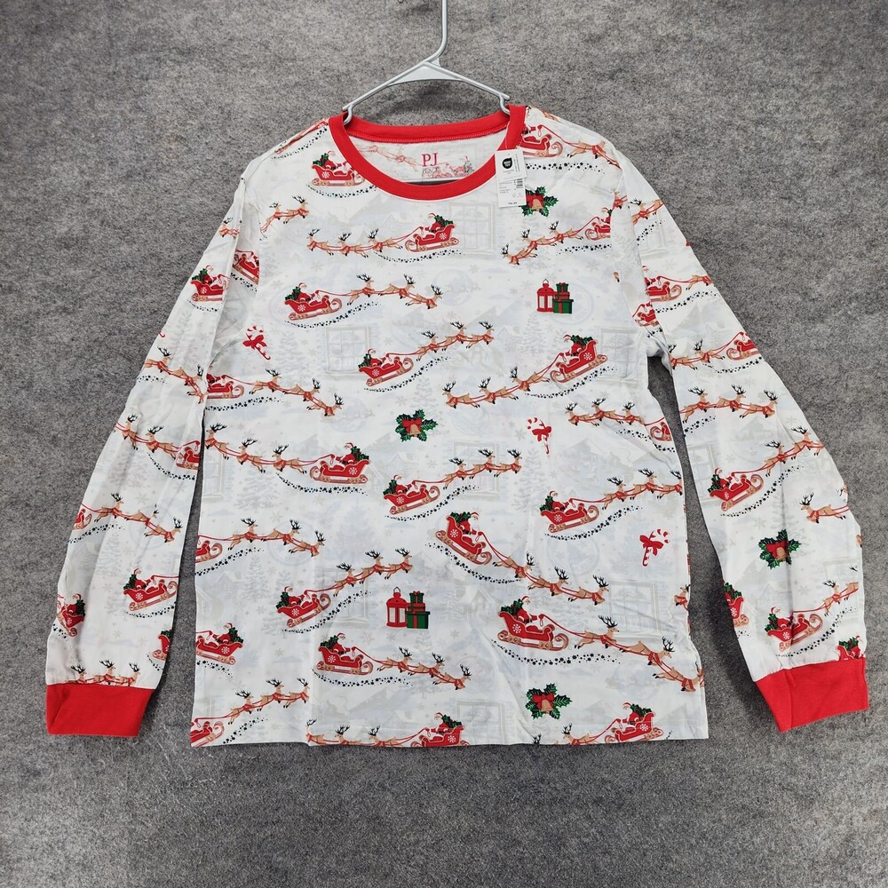 PJ Place Pajama Shirt Adult Large Long Sleeve White Red Christmas